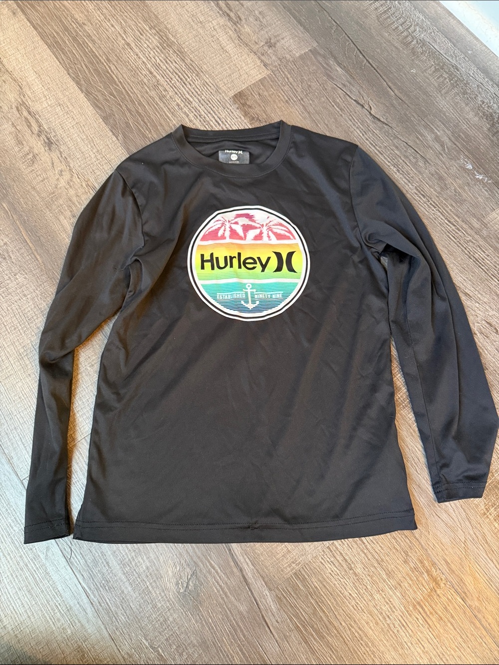 Hurley Black Kids Long Sleeve Rashguard with Multicolor Logo UPF 50+ boys 10/12